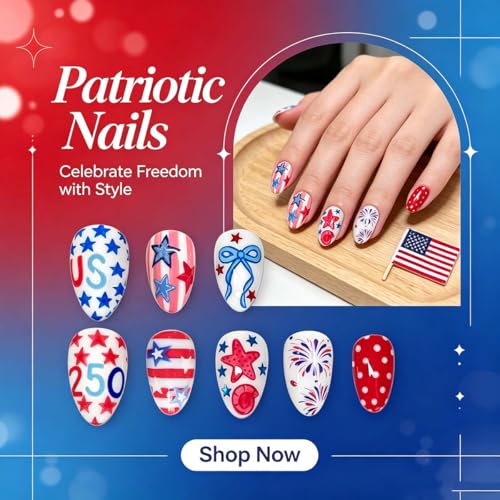 4th of July Press on Nails Medium Almond USA Flag Fake Nails