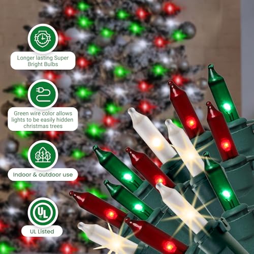 Uniquely LED Christmas Twinkle Lights - Red, Green & White String Lights - Twinkle & Steady