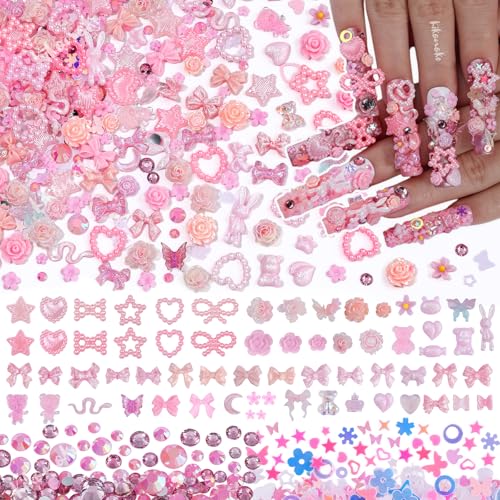 Kikonoke 400Pcs Pink Nail Charms Kit 3D Resin Gems & Rhinestones