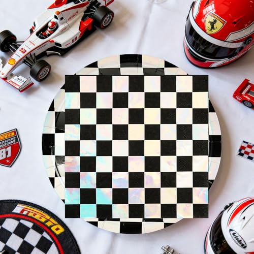 Checkered Race Car Party Plates and Napkins Set - 50 Piece Disposable Kit
