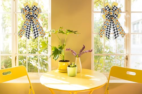 Sunflower Wreath Bow - Large Black White Buffalo Plaid Decor