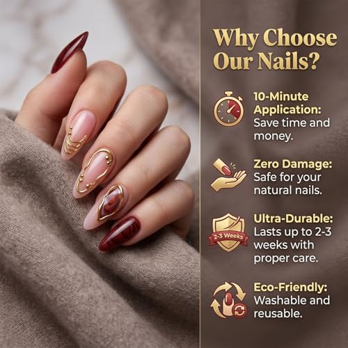 Burgundy Marble & Nude Pink Press On Nails - 3D Gilded Gel Almond False Nails XS