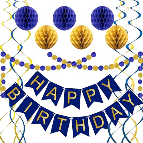 Blue Birthday Decorations Set with Banner, Honeycomb Balls & Swirls