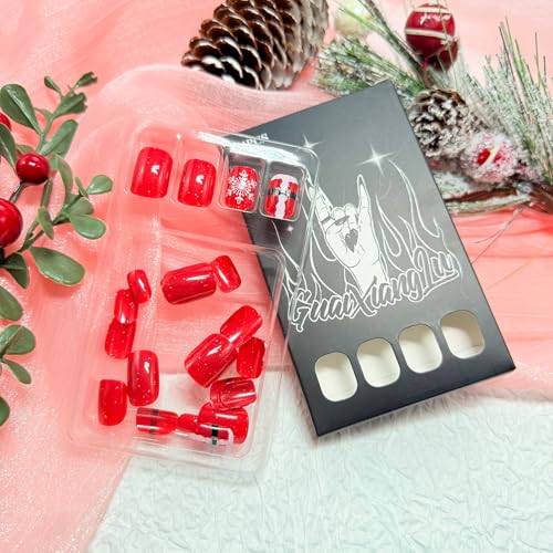 Christmas Press on Nails Short Square False Nails Santa Snowflake 24Pcs