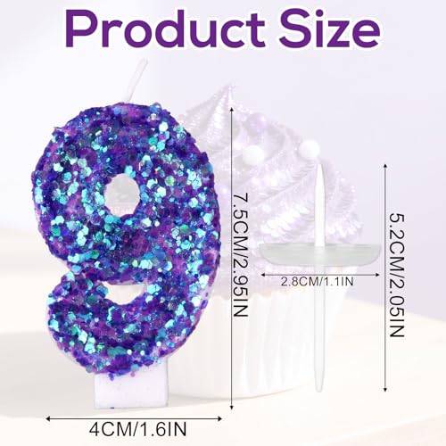 Gosknor Purple Number 9 Birthday Candle with Sequins & Wax Holder