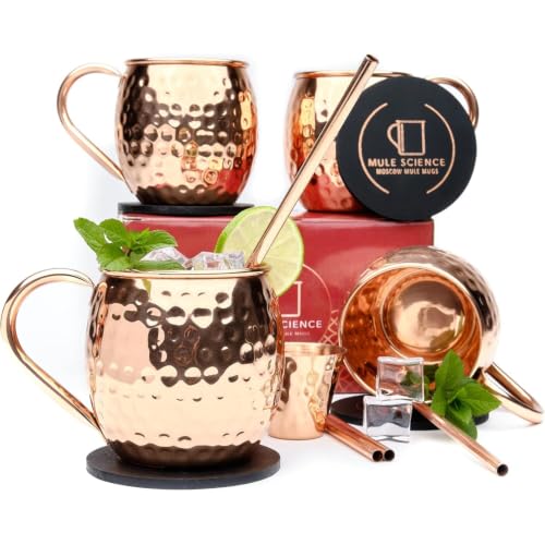 Copper Moscow Mule Mug Set of 4 - 19 oz Hand-Hammered Copper Barware with Reusable Straws, Jigger & Coasters