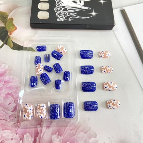 Short Square Press On Nails Dark Blue Floral Glitter False Nails