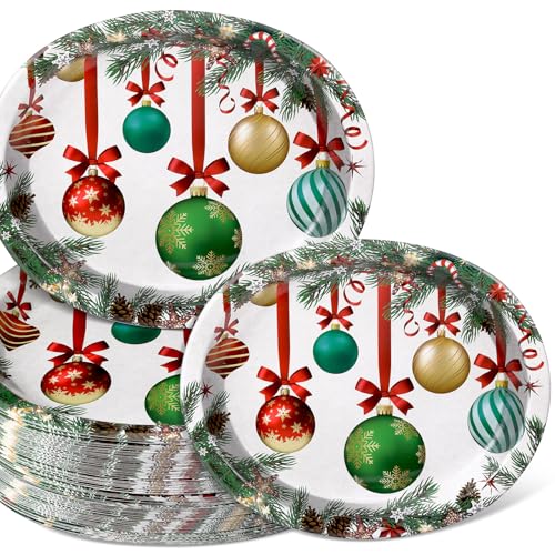 Christmas Ball Pattern Oval Paper Plates 10x12 Inches - Green, 100 Pack