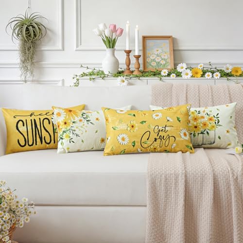 Daisy Flower Throw Pillow Covers Set of 4, 12x20 Inch - Summer Floral Decor
