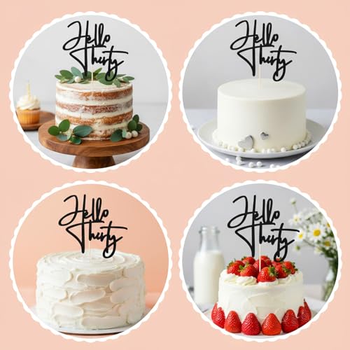 Hello Thirty Cake Topper - Black Glitter 30th Birthday Decoration