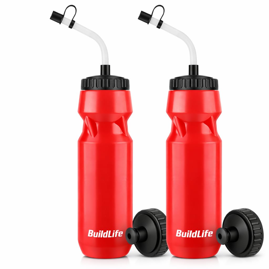 BuildLife 2 Pack Sports Water Bottle - Hockey Water Bottle with Long Straw and 2 lids (Straw and Squeeze) for Helmet Sports Hockey, Lacrosse, Football, Boxing, BPA Free,Dishwash Safe (Red)