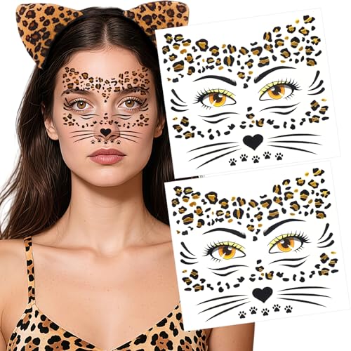 Leopard Face Temporary Tattoos 2-Sheet Halloween Fake Tattoos for Kids and Adults