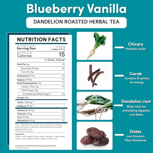 Teeccino Dandelion Blueberry Vanilla Herbal Tea - 10 Count Caffeine-Free