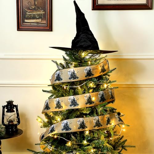Witch Hat Christmas Tree Topper with Magic Wizard Burlap Ribbon Set