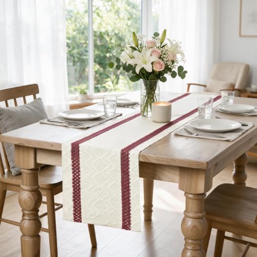 Rustic Woven Table Runner 12x72 Inch - Red Stripe, Durable Cotton Polyester