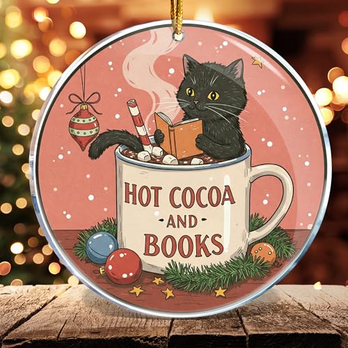 Hot Cocoa and Books Cat Book Ornament - Christmas Tree Decor Gift