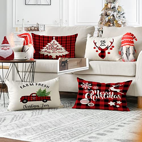 Neatee Living Christmas Pillow Covers, 12x20 Inch Set of 4, Cotton Linen