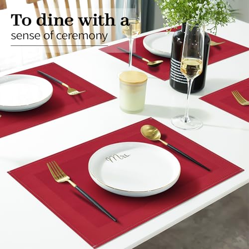 Red Placemats Set of 4 - 12x18 Inch Faux Linen Table Mats - Carethos