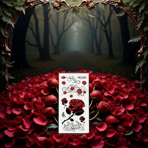 Red Temporary Tattoo Stickers Set - 20 Pcs Rose Butterfly Dragon Floral