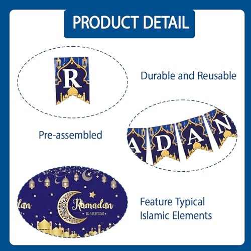 Ramadan Mubarak Decorations Set - Blue and Gold Banner, Garland & Tablecloth