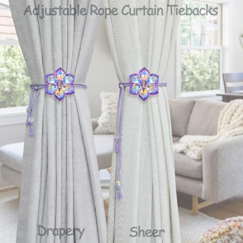 Magnetic Crystal Flower Curtain Tiebacks - Purple Adjustable 2-Pack