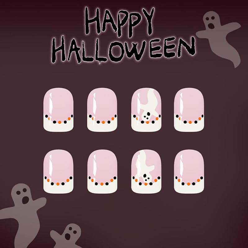 Halloween Press on Nails Short Square White Ghost Design French Tip