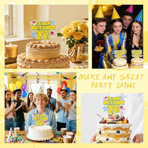 Funny 25th Birthday Cake Topper - Yellow Cartoon Cardstock with Acrylic Sticks