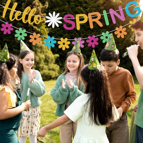 Hello Spring Glitter Banner with Daisy Flower Garland - Colorful Party Decoration