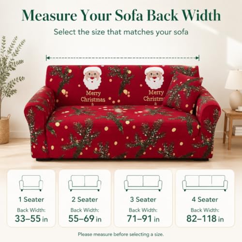 Christmas Sofa Cover - 4 Seats Santa Claus Print Slipcover with Elastic Bottom