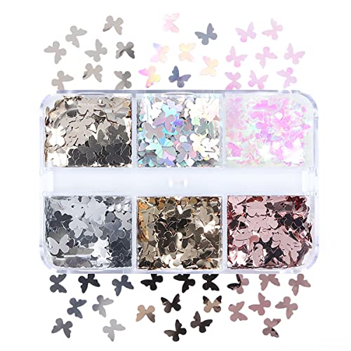 6-Grid Holographic Butterfly Nail Glitter Sequins for Acrylic Nail Art