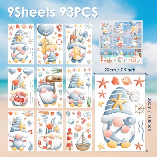 Hianjoo 93 Pcs Summer Beach Gnome Window Clings - Ocean Decor