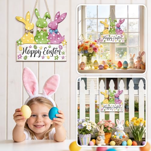 Wooden Easter Bunny Door Sign for Front Door Wall Hanging Decor 11.2x11.8