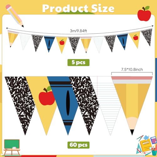 Back to School Pennant Banner - 5 Pack Pre-Strung Classroom Decorations