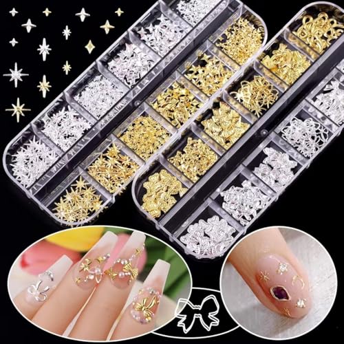 COOSLIM 150PCS Gold & Silver 3D Bow Nail Charms - 12 Styles Mini Alloy Bowknot Gems for Acrylic Nails & DIY Crafts