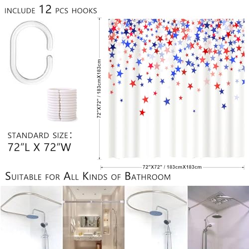 Patriotic 4th of July Shower Curtain 72x72 Inch - Red, White & Blue Stars