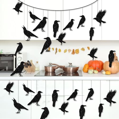 40pcs Glitter Black Crow Hanging Banners for Halloween Decor