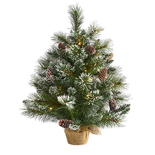 Frosted Artificial Christmas Tree with LED Lights and Pinecones - 2ft