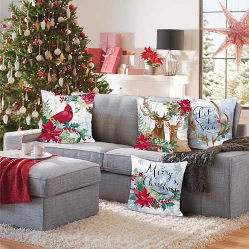 Bonhause Christmas Throw Pillow Covers 18x18 Inch Set of 4 - Cardinal & Reindeer Design