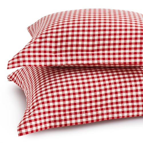 Red Plaid Gingham Pillowcases Set of 2 - 20x26 Inches, Farmhouse Style
