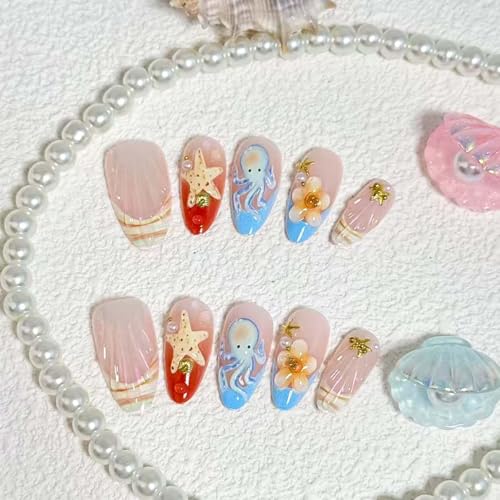 French Tip Press on Nails Medium Almond 3D Flower Fake Nails
