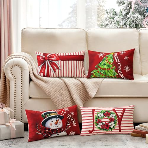 Soleebee 4-Pack Merry Christmas Linen Throw Pillow Covers, 16x24 Inch