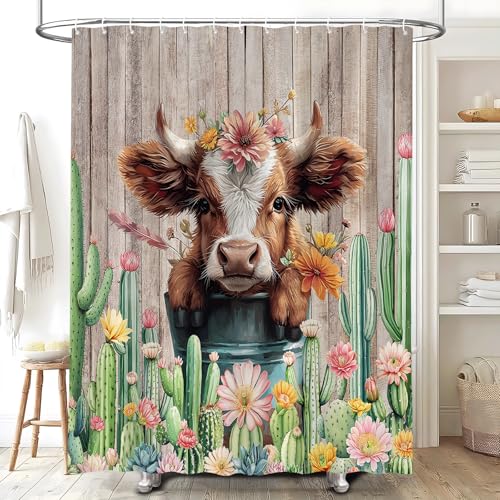Farmhouse Highland Cow Shower Curtain - Rustic Bathroom Decor 70x70