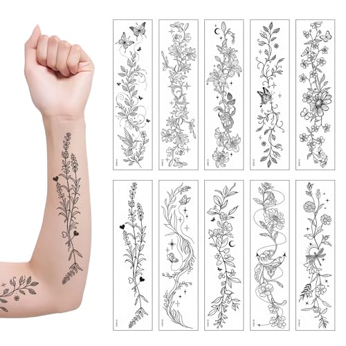 Floral Temporary Tattoos 10 Sheets Waterproof Fake Body Art