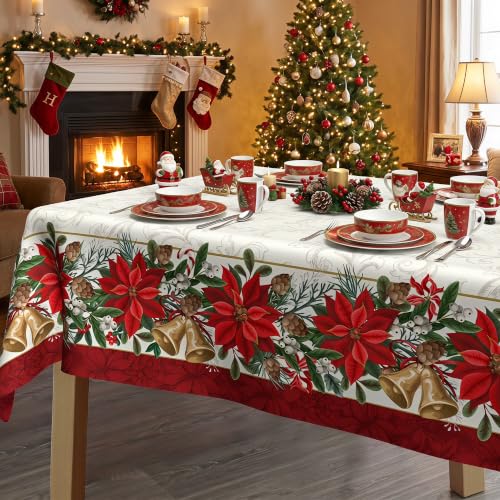 Christmas Poinsettia Tablecloth 60x84 Inch - Red Floral Holiday Table Cover with Gold Bells & Pine Cones - Waterproof Decor