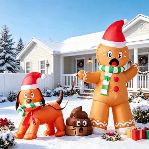 Gingerbread Man Inflatable Yard Decor - Walking Dog with Poop, Christmas LED Outdoor Xmas Holiday
