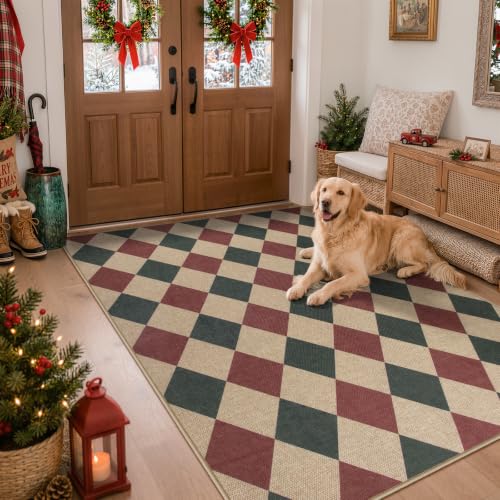 Christmas Rug 5x7 Checkered Red & Green Non Slip Washable Indoor Outdoor Carpet - Green & Red Checkerboard Variation
