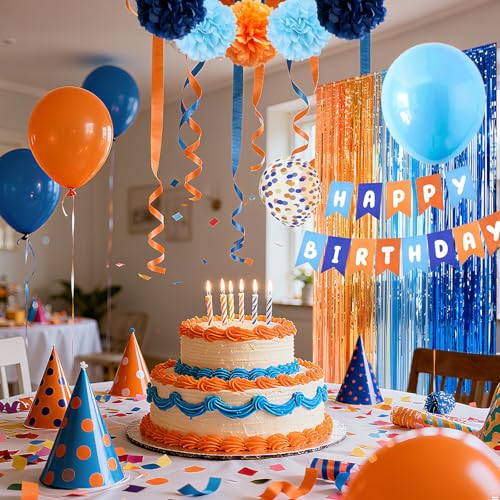 Blue and Orange Party Decorations Set with Balloons Banner Pompoms Fringe Curtain