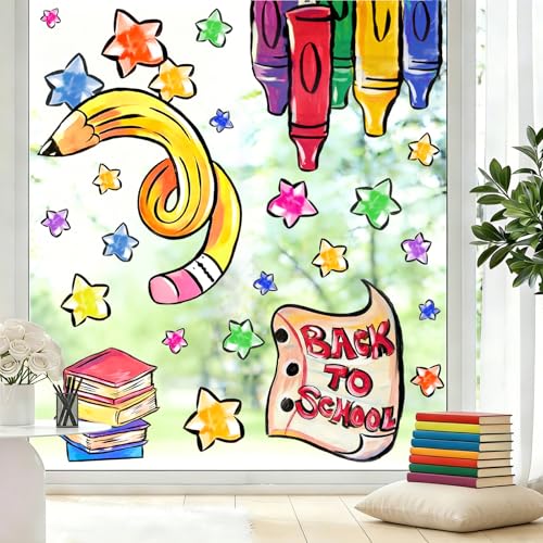 Back to School Window Clings - Colorful Pencil & Crayon Decals, 32.3 x 13.8 Inch, 2 Sheets