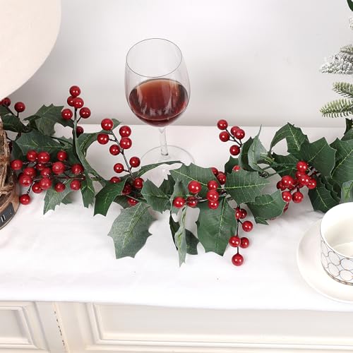 Artificial Christmas Garland with Red Berries and Holly Leaves - 12 Ft, 2 Pack, Holiday Decor