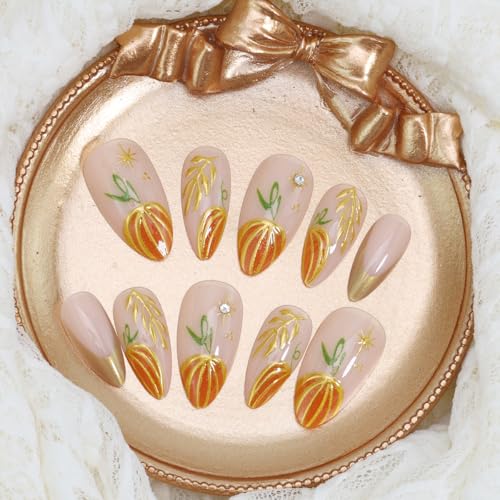 Fall Press on Nails Medium Almond Gold French Tip Fake Nails 24Pcs